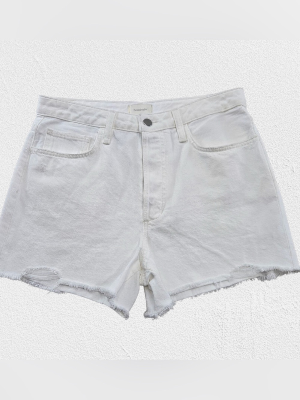 Favorite Daughter Whistler White High Rise Raw Hem Denim Shorts